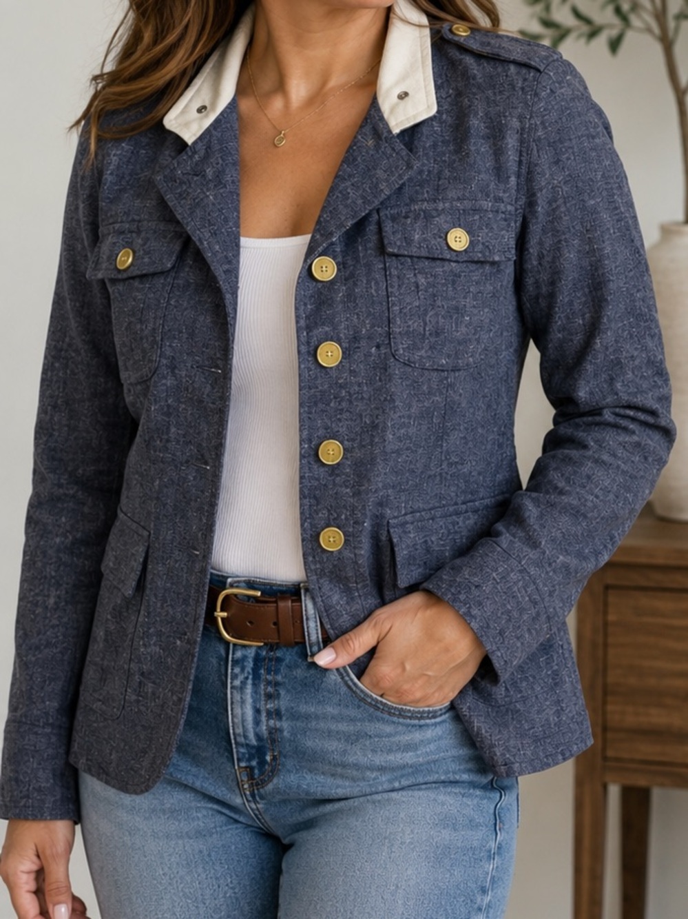 Banana Republic Linen Blend Utility Military Jacket Blue Floral Lined Size 6
